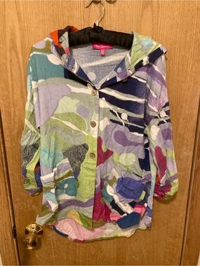 Claire Desjardins Linen Bold Abstract Art Style Button Up Hooded Top-Size XS